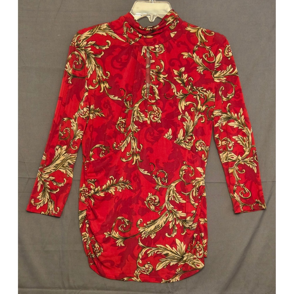 7th Avenue Turtleneck 3/4 Sleeve Floral Print Blouse Womens Size M Front Cut Out